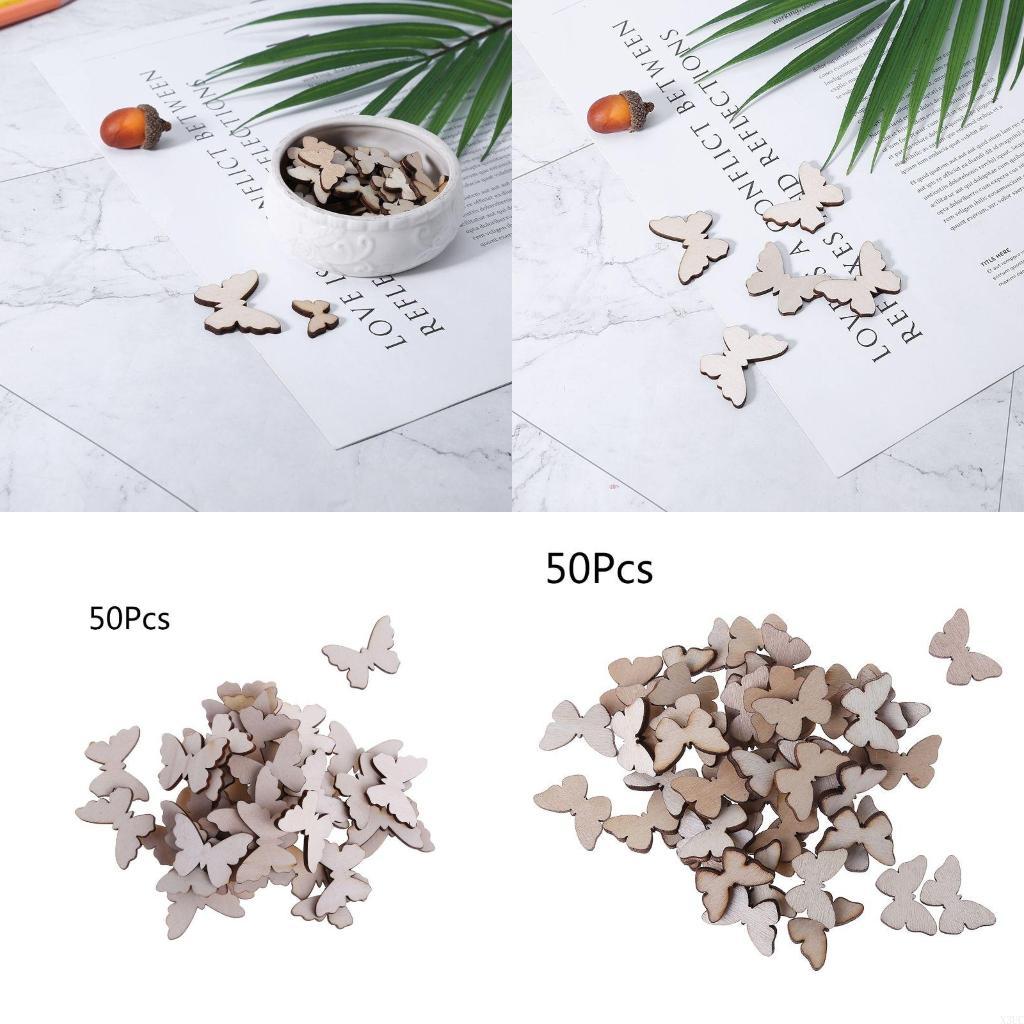 Christmas Craft Embellishment - 蝶のための50個木製スライスクラフトウッドカットアウトクリスマスパーティー装飾小道具木製の装飾ギフトT X3UC