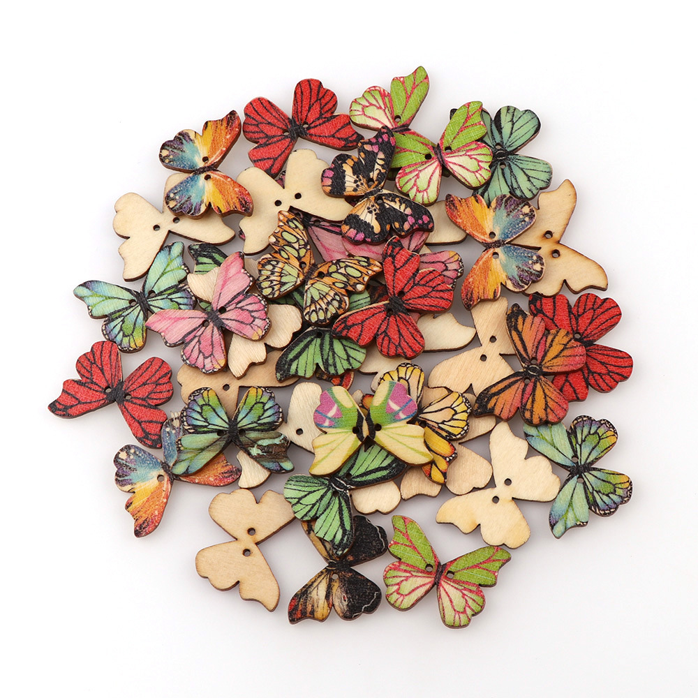 50個入り 蝶々型木製ボタン ミックスカラー DIYボタン  - Embellishments For Scrapbooking のレビューと価格